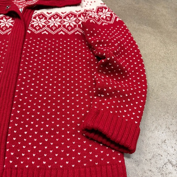 Eddie Bauer Lambswool Zip Cardigan Sweater Red Fair Isle Heart Knit - Picture 3 of 9